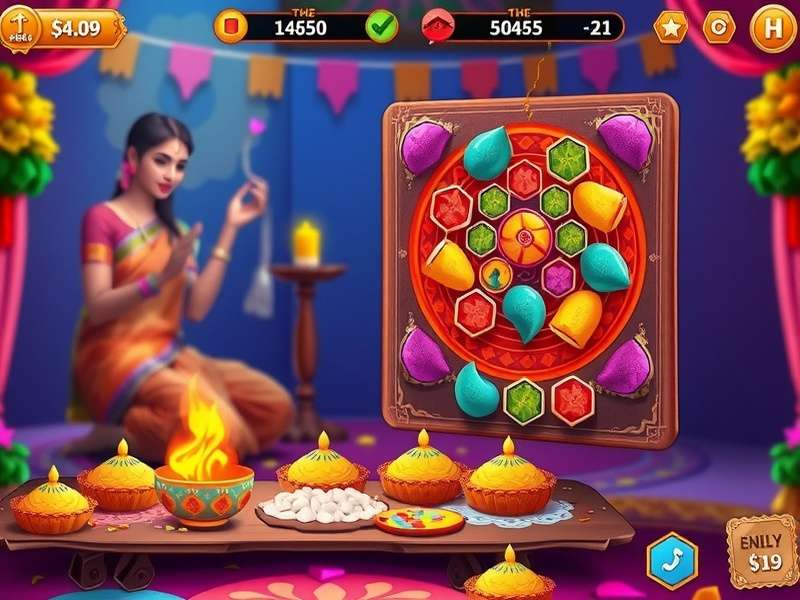 Holi Joyful Expedition gameplay screenshot showing colorful festival scene