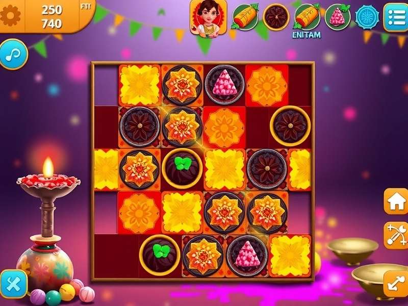 Holi Joyful Expedition puzzle gameplay showing traditional Indian sweets arrangement